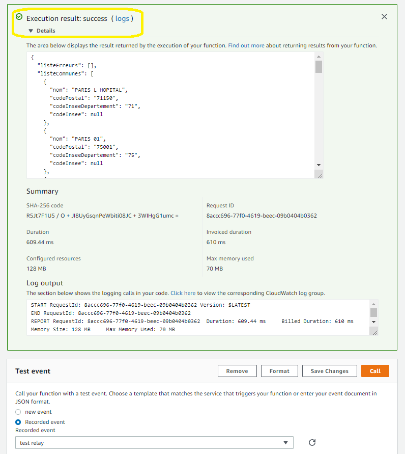 AWS lambda's test execution