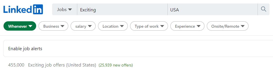 LinkedIn job search result for keyword "exciting" in USA