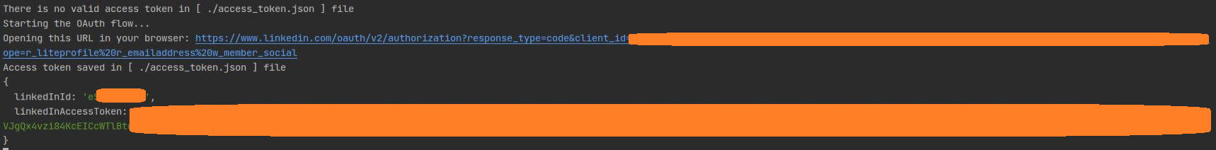 LinkedIn API access token & user ID displayed in the console